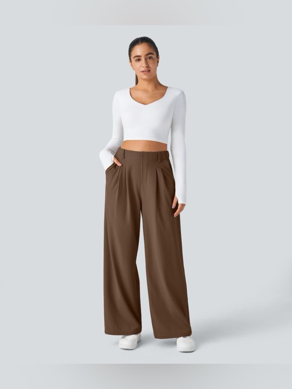 Halara Brown High Rise Pleated Wide Leg Pants Size L NWT